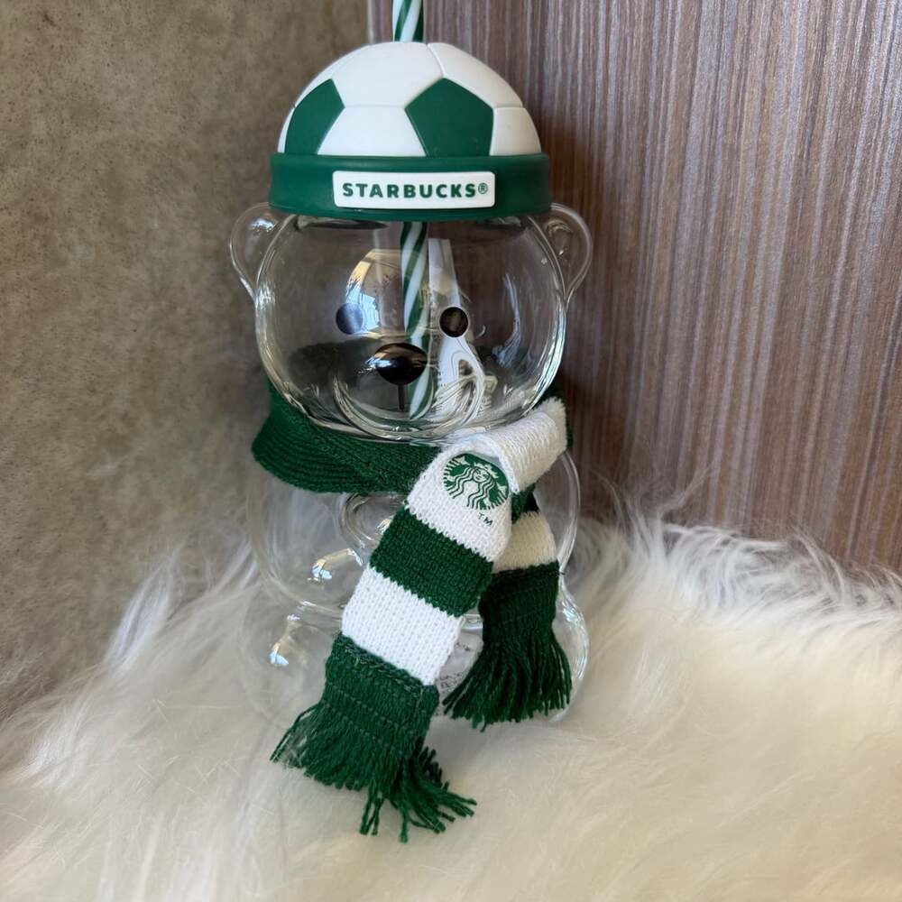 Starbucks Soccer Bearista Glass Cold Cup Tumbler Scarf